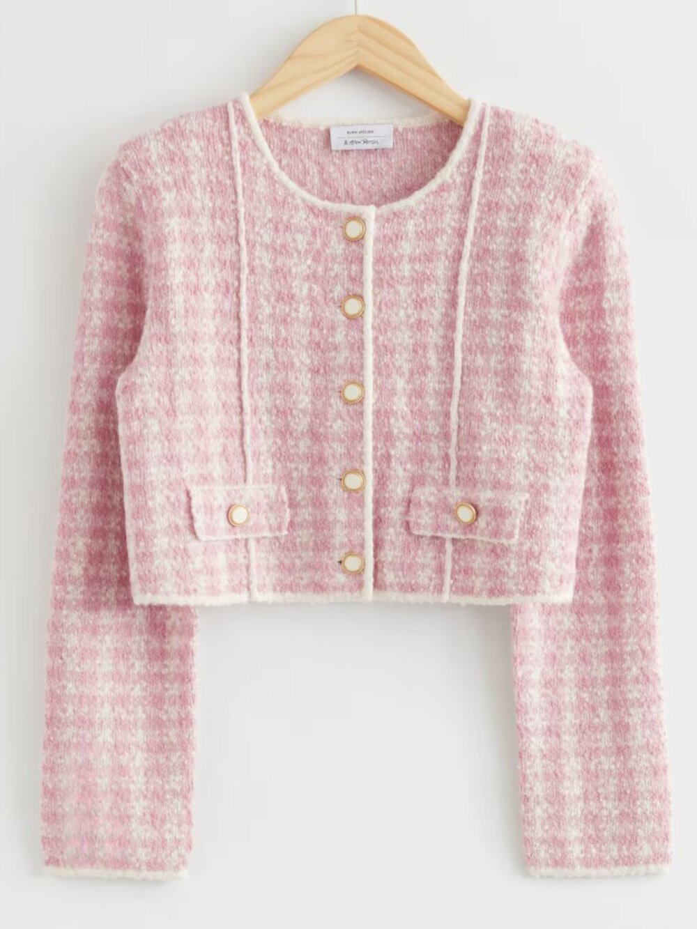 & Other Stories Pink Tweed Knit Padded Shoulder Crop Jacket S Preppy Barbie $180
